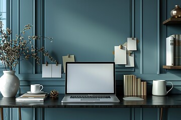 Poster - a laptop sits on a desk in front of a wall with a blue paint