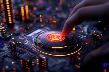 Poster - A close-up image of a hand interacting with a glowing button on a futuristic circuit board, symbolizing technology and innovation.