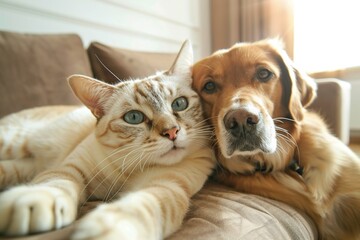 Wall Mural - Labrador dog and cat taking a selfie on grey sofa at home