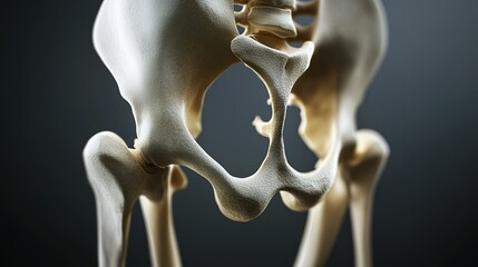 Detailed view of a human pelvic bone with prominent anatomical features on a dark background