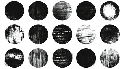 Poster - Abstract black and white circular textures in a grid layout showcasing various patterns and brush strokes