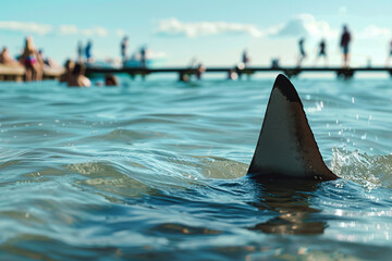 Big white shark fin on ocean surface near swimming people against the backdrop of the pier with crowd of people