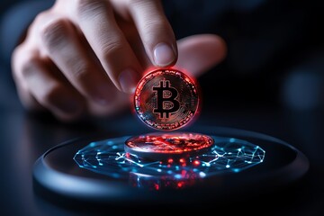 A close-up of a hand placing a glowing Bitcoin on a futuristic surface, symbolizing cryptocurrency and modern finance.