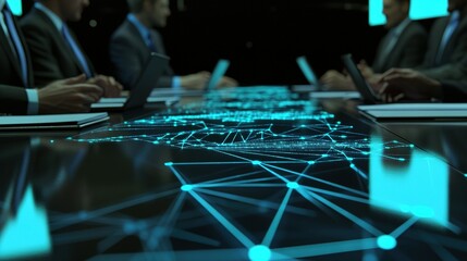 Poster - business professionals engaged in strategy discussion at a high-tech conference table illuminated by