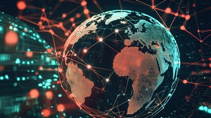 Poster - Digital globe representing global connectivity and data networks, showcasing Africa at the center with vibrant lines depicting communication links