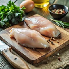 Two raw chicken fillets on a wooden cutting board with herbs and egg nearby. Generative AI