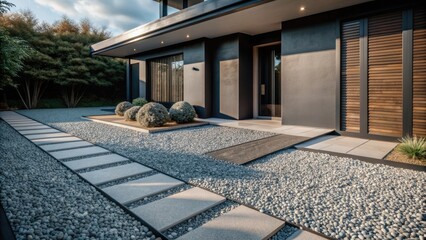 Pebble walkway leading to a modern house with landscaped garden. Generative AI