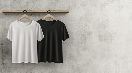 Two t-shirts hanging on a wooden rack against a textured gray wall