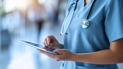 Wall Mural - a focused nurse specialist analyzing patient data on a tablet, with a light solid color background