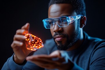 Aufkleber - A focused scientist explores a glowing object, showcasing innovation and curiosity in a modern lab setting.