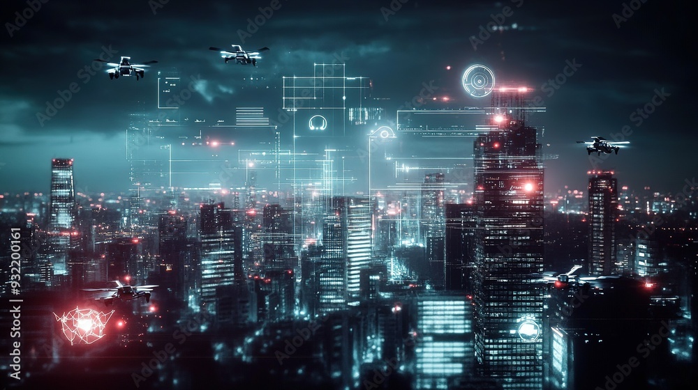 Drones flying above a futuristic cityscape at night with digital overlays and glowing lights