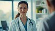 © PondLord - A female internist examining a patient with a stethoscope, with a bright and airy office setting in the background