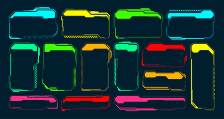 Poster - Futuristic HUD or UI elements. Sci-fi user interface text boxes, callouts. Colorful warning message frame, information boxes template. Modern game interface layout, digital style. Vector illustration