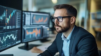 Wall Mural - a focused it manager analyzing data on multiple screens in a modern office, light solid color backgr
