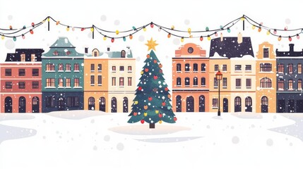 A cityscape with historic buildings, Christmas lights strung between them, a Christmas tree in the center of a snowy square, flat vector, isolated on white background