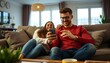 © HC Designer - Happy young beautiful couple using smartphone sitting on sofa in living room interior at home