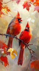 Two bright cardinals perch on a branch surrounded by colorful autumn leaves