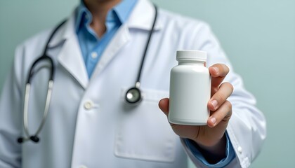 Blank white bottle mockup, white supplement bottle held by a doctor, doctor wearing white coat with stethoscope around neck, white bottle mockup