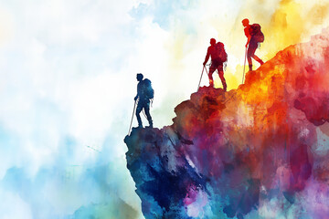 Wall Mural - Watercolor painting of a man and woman climbing a rock.