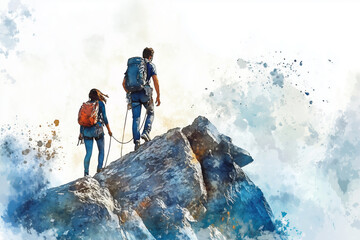 Canvas Print - Watercolor painting of a man and woman climbing a rock.