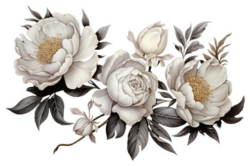 Sticker - PNG Flowers with white leaves on a black background art painting pattern.