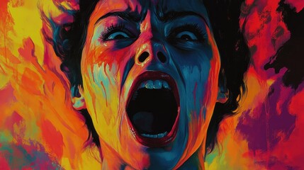 Intense Expression of a Woman in Vibrant Abstract Art with Fiery Colors