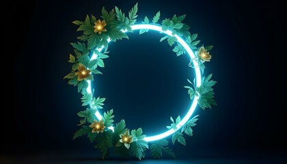 Wall Mural - A glowing, ethereal wreath made of green leaves and white flowers floating against a dark background