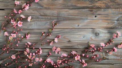 Poster - Spring branches with pink blossoms on wooden background Rustic composition of tree flowers on vintage table Close up copy space top view