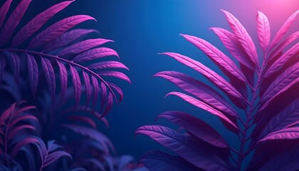 Wall Mural - Pink palm leaves against a dark blue background