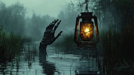 Wall Mural - A hand is holding a lantern in a dark, murky body of water