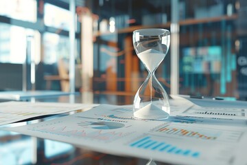 Hourglass with flowing sand on wooden business office