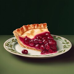 Wall Mural - A slice of cherry pie on a green and white plate with a cherry in the foreground.