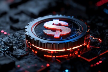 Poster - A futuristic dollar symbol illuminated with red light, set against a dark technological background, representing digital finance.