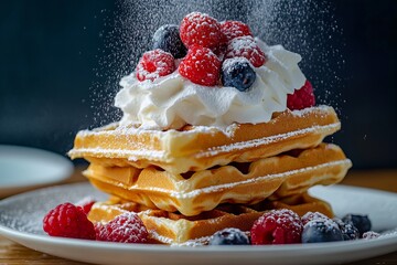 A stack of waffles topped with whipped cream and fresh berries.