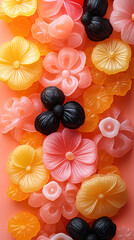 Wall Mural - Colorful jelly candies on orange background. Top view, flat lay