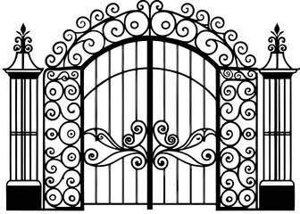 wrought iron gate vector silhouette, Timeless Gateway Iconic Emblem of Vintage Metal Gate Rustic Arch Antique Metal Gate