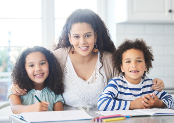 Poster - Portrait, mother and hug children for education at house with stationery, drawing support and creative sketch in kitchen. Smile, woman and kids with embrace for studying, writing and help of learning