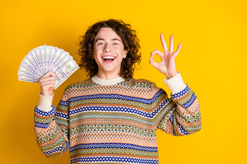 Poster - Portrait of satisfied guy with wavy hairdo dressed ornament sweater holding dollars showing okey isolated on yellow color background