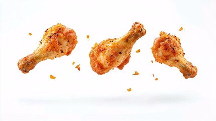 Fried chicken legs falling in the air isolated on white background.