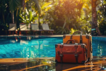 Poster - Two pieces of luggage sit by the side of a swimming pool, possibly awaiting transport or waiting for their owner