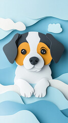 Poster - Cute dog with paper art and craft style on blue background.