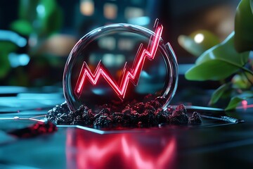 Poster - A glowing neon financial graph symbolizing growth and success, set against a modern urban backdrop with lush greenery.