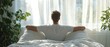 © raja - Young Man Stretching In Bed After Waking Up In The Morning, Unrecognizable Male Resting In Light Bedroom After Good Sleep, Looking At Window, Enjoying Start Of New Day