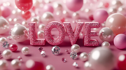 Wall Mural - Valentine's day background. Pink and white balloons, pink hearts and confetti on pink background



