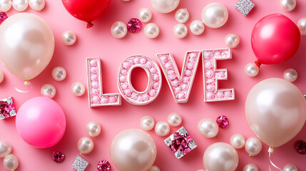 Wall Mural - Valentine's day background with pink and white balloons and hearts

