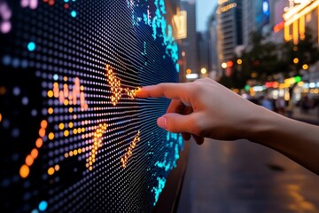 Poster - A hand interacting with a colorful digital display in a bustling urban environment at dusk, showcasing modern technology usage.