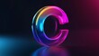 © Helois - A holographic letter 'C' with neon gradients and reflections on a dark background.
