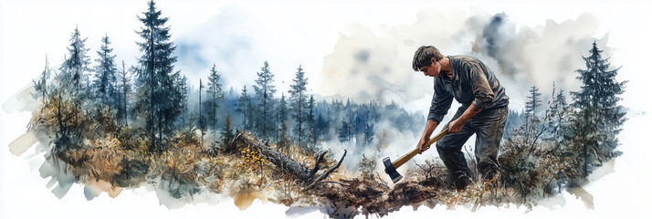 Poster - Watercolor painting of a young man using an ax to cut wood in the forest.