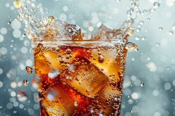 A glass of soda with ice cubes in it