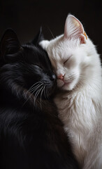 Wall Mural - White cat and black cat sleeping together on a black background closeup